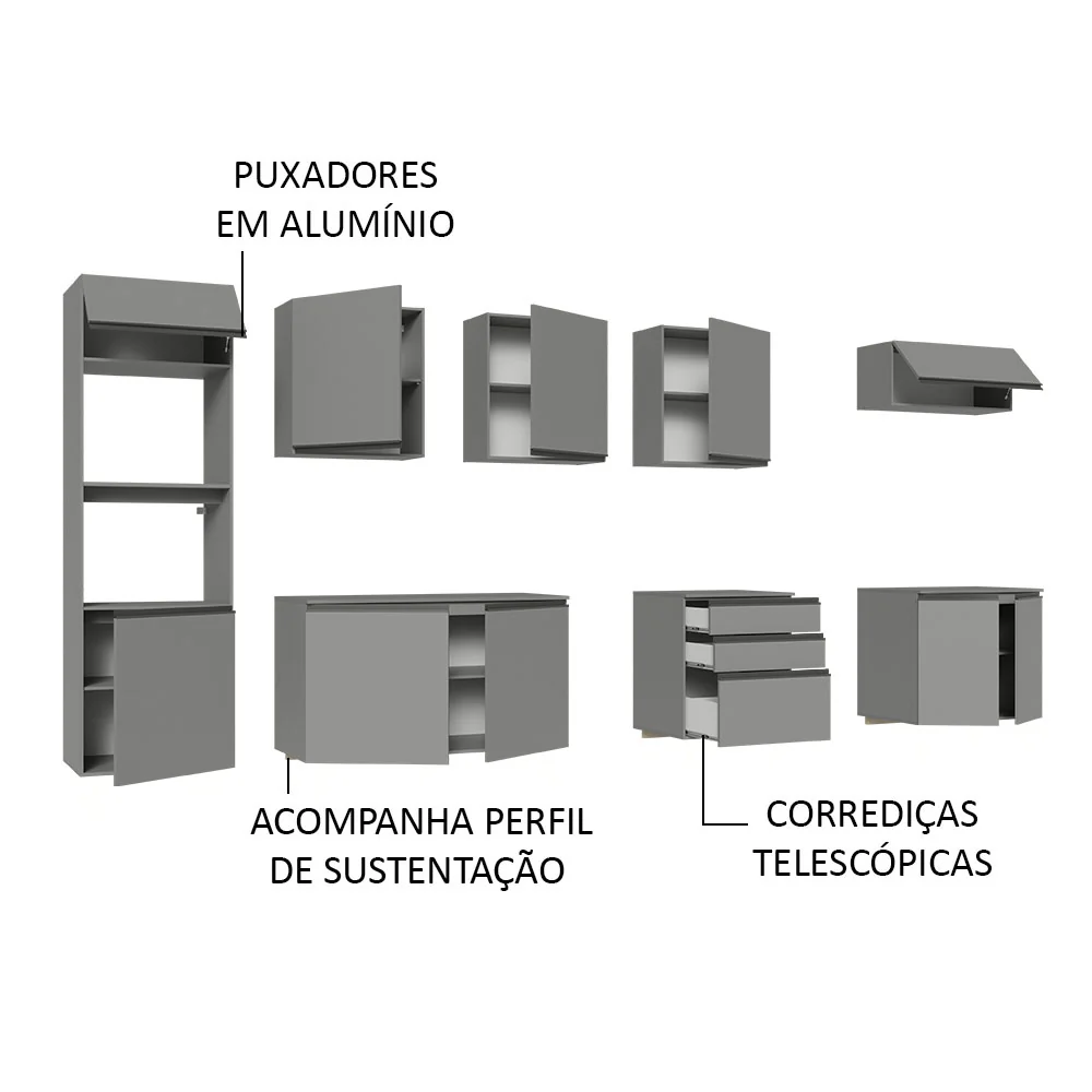 Armário de Cozinha Completa Suspenso 320cm Cinza Nice Madesa 07 - Image 4