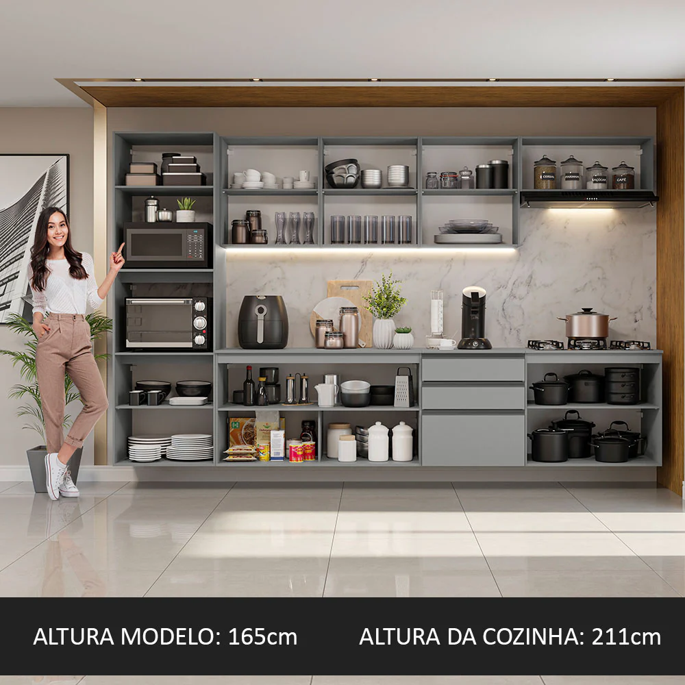Armário de Cozinha Completa Suspenso 320cm Cinza Nice Madesa 07 - Image 5