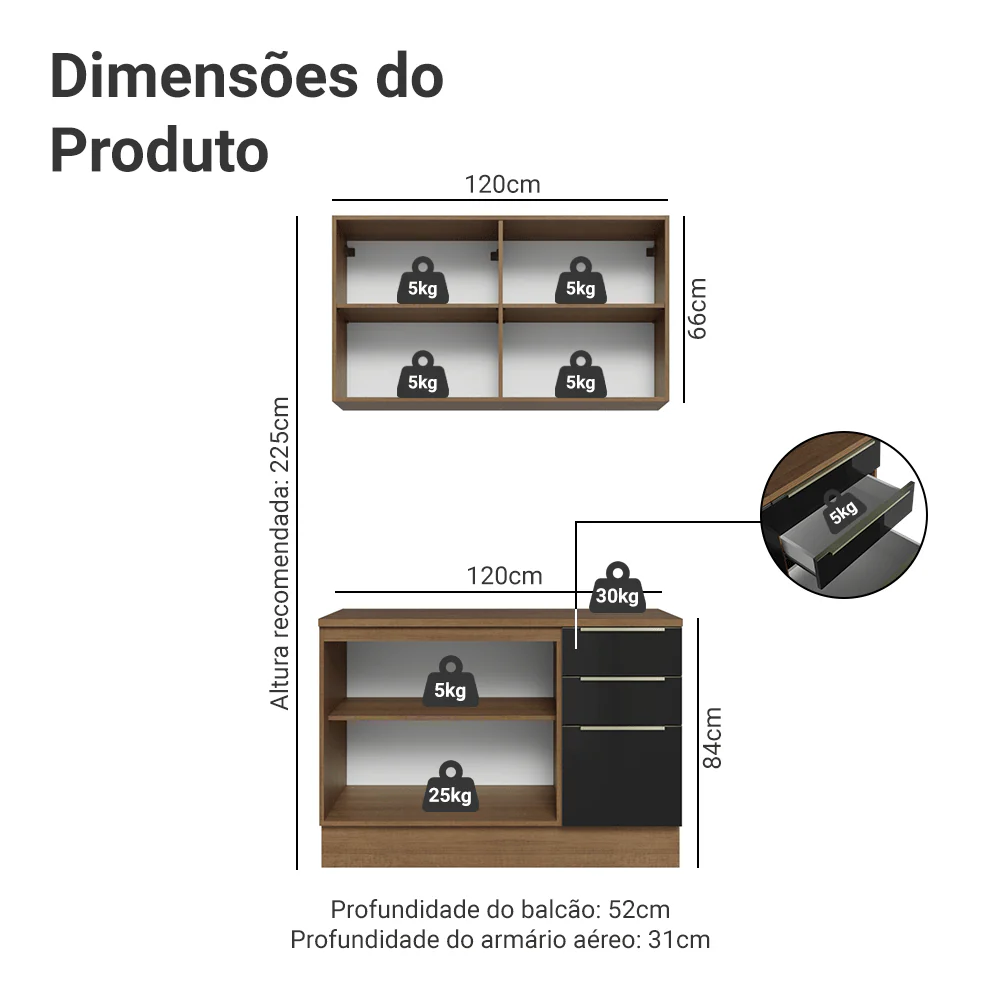 Armário de Cozinha Compacta 120 cm Rustic/Preto Lux Madesa 01 - Image 3