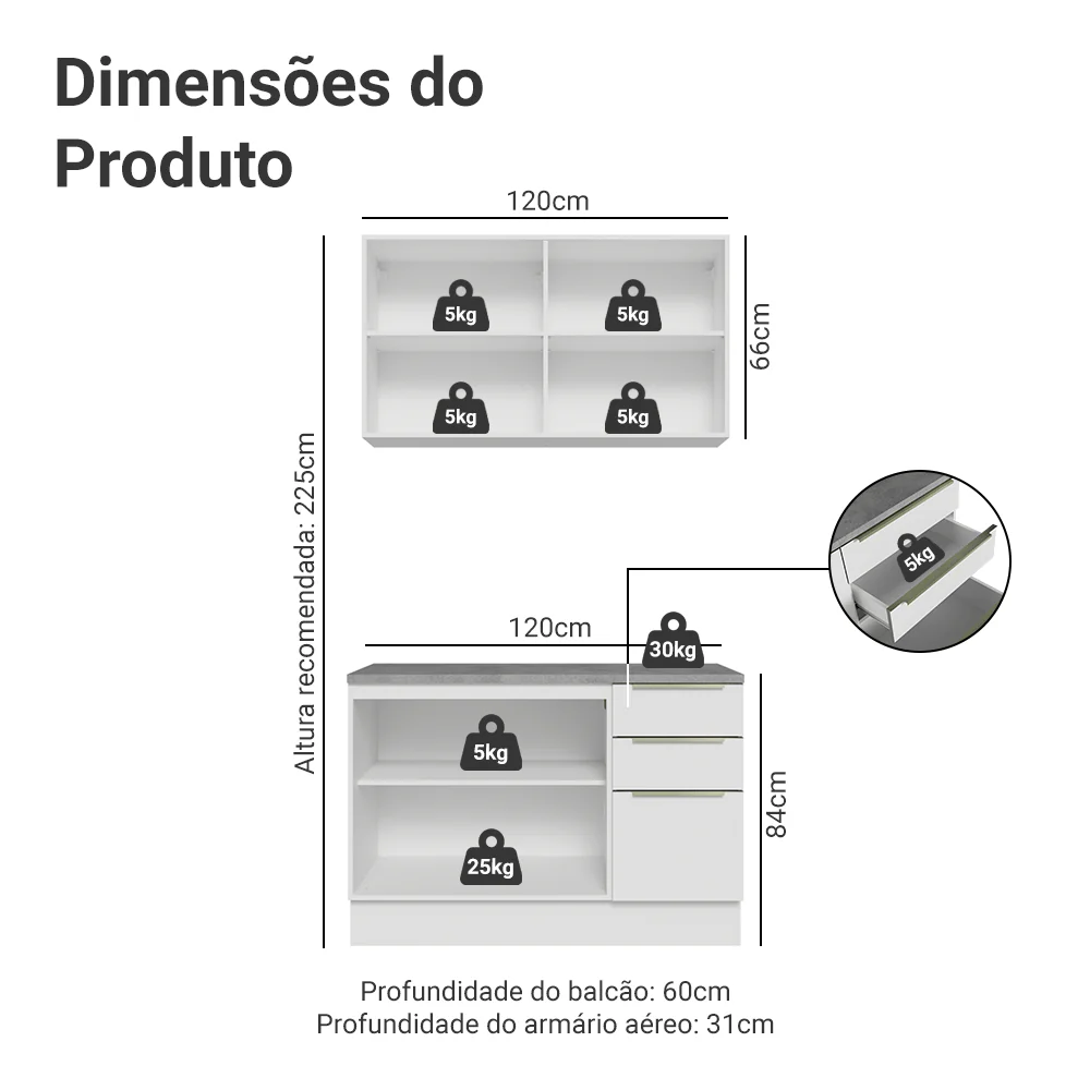 Armário de Cozinha Compacta 120 x 60 cm Branco/Branco Veludo Lux Madesa 02 - Image 3