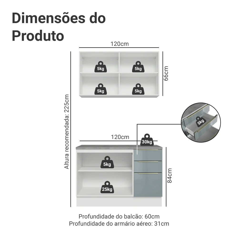 Armário de Cozinha Compacta 120 x 60 cm Branco/Cinza Lux Madesa 02 - Image 3