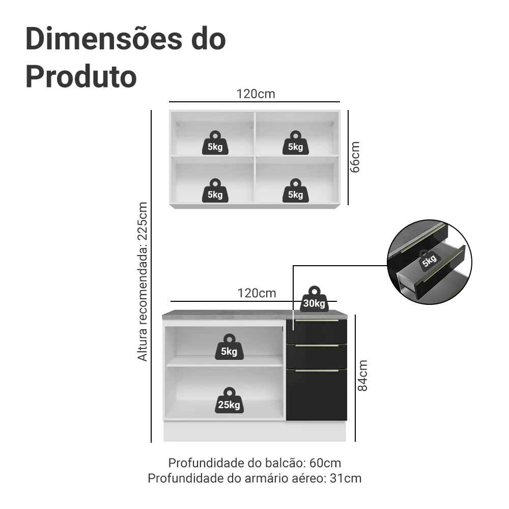 Armário de Cozinha Compacta 120 x 60 cm Branco/Preto Lux Madesa 02 - Image 3
