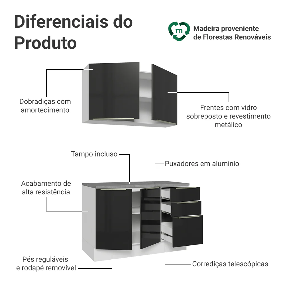 Armário de Cozinha Compacta 120 x 60 cm Branco/Preto Lux Madesa 02 - Image 4