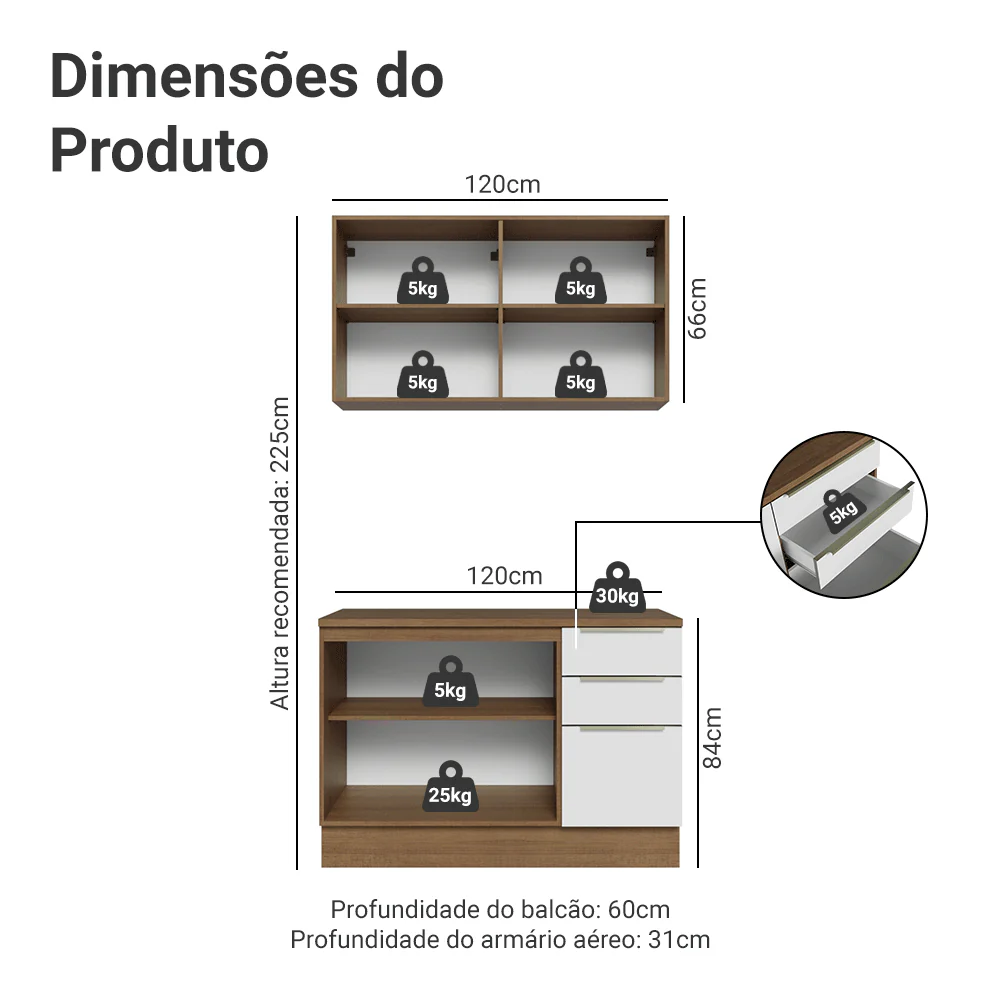 Armário de Cozinha Compacta 120 x 60 cm Rustic/Branco Veludo Lux Madesa 02 - Image 3