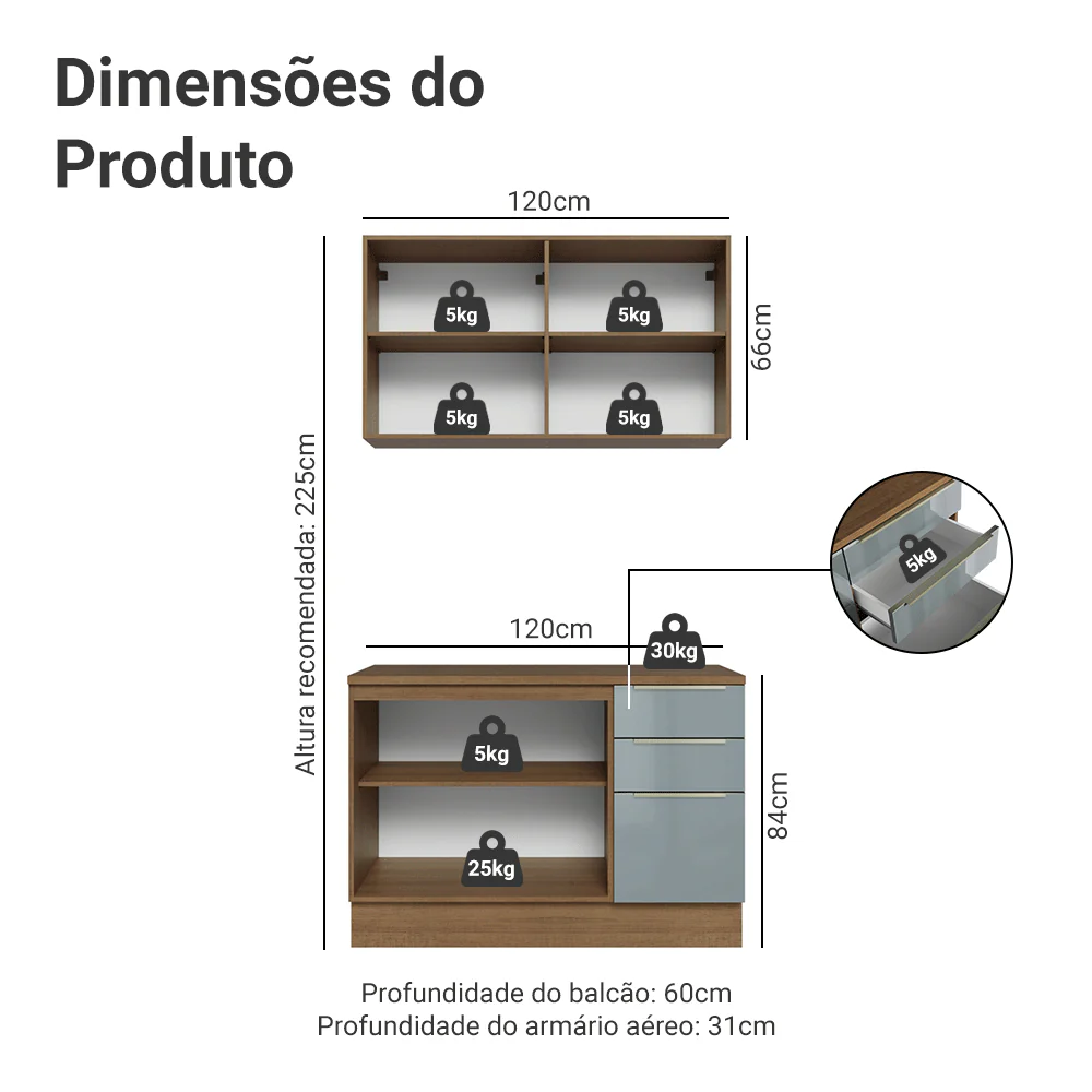 Armário de Cozinha Compacta 120 x 60 cm Rustic/Cinza Lux Madesa 02 - Image 3