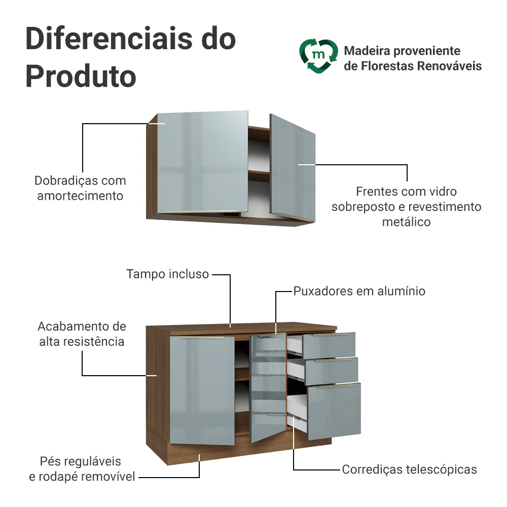 Armário de Cozinha Compacta 120 x 60 cm Rustic/Cinza Lux Madesa 02 - Image 4