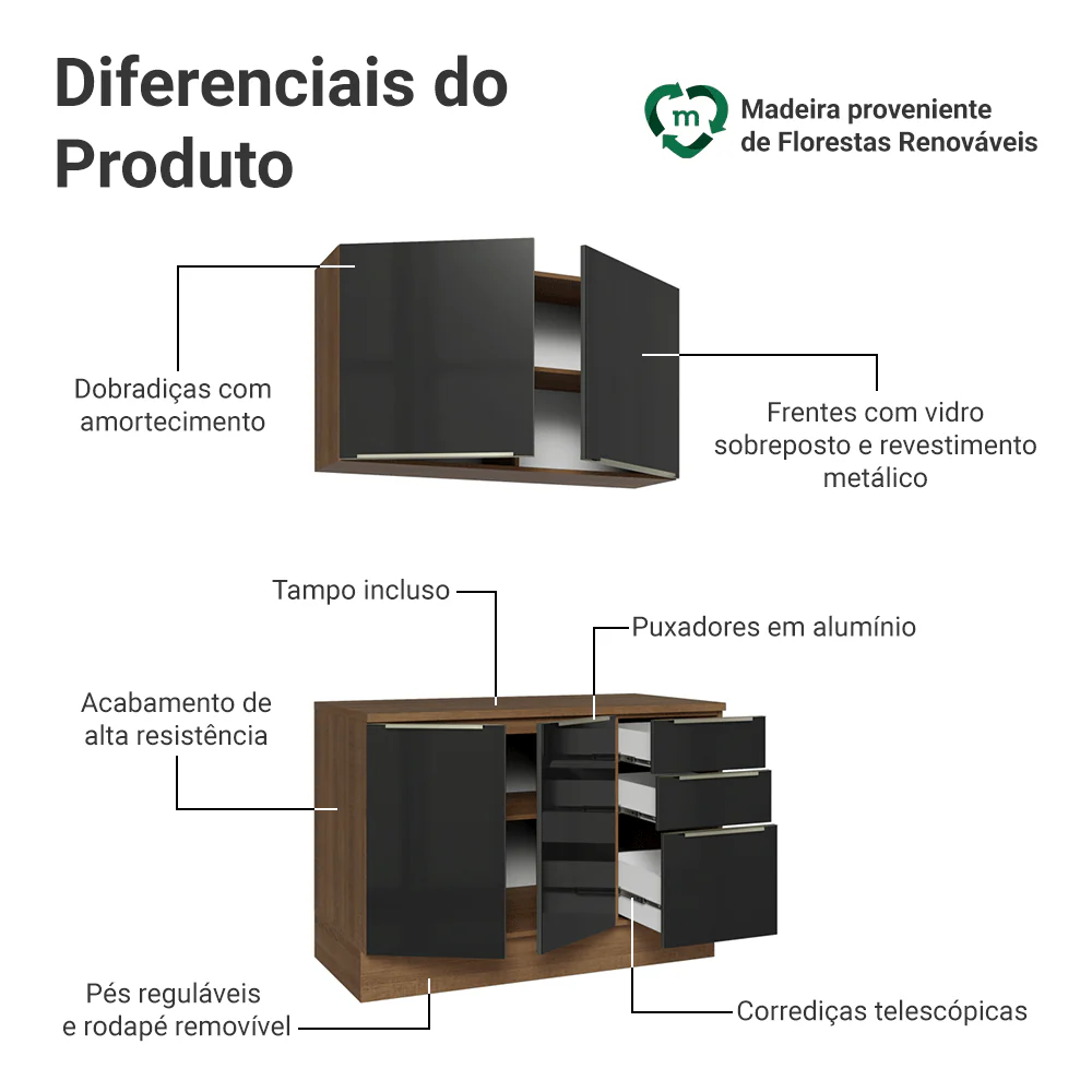 Armário de Cozinha Compacta 120 x 60 cm Rustic/Preto Lux Madesa 02 - Image 4
