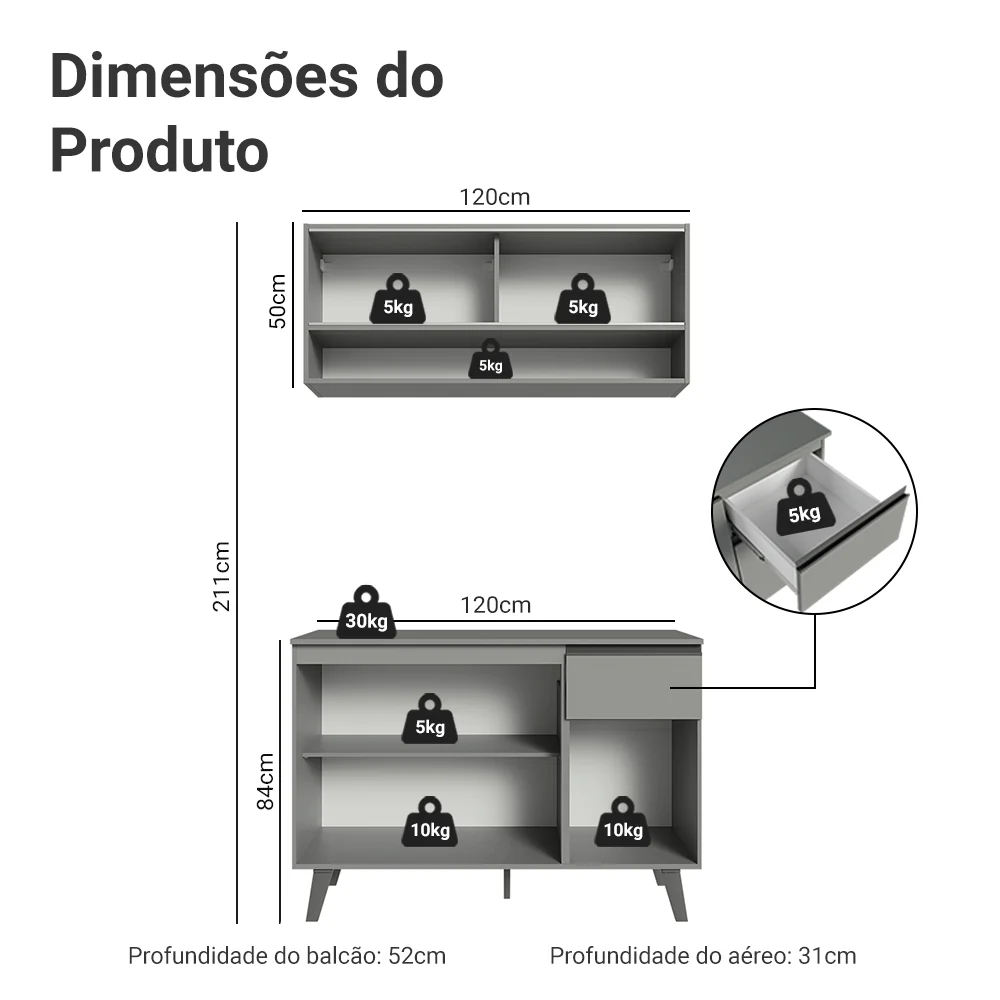 Armário de Cozinha Compacta 120cm Cinza Nice Madesa 01 - Image 3