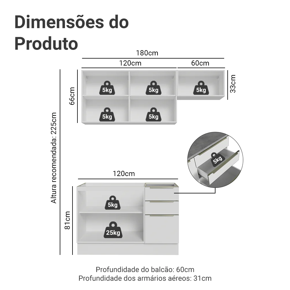 Armário de Cozinha Compacta 180 x 60 cm Branco/Branco Veludo Lux Madesa 03 - Image 3