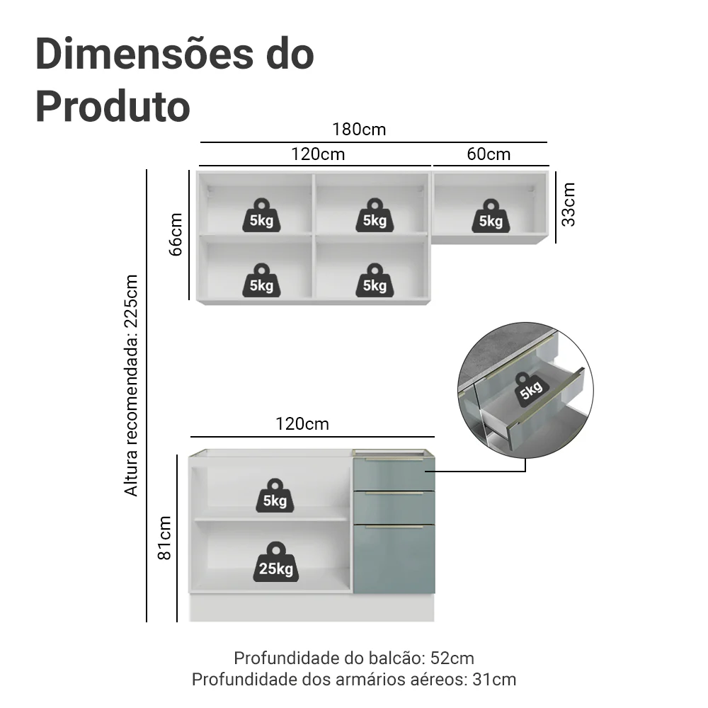 Armário de Cozinha Compacta 180 cm Branco/Cinza Lux Madesa 02 - Image 3