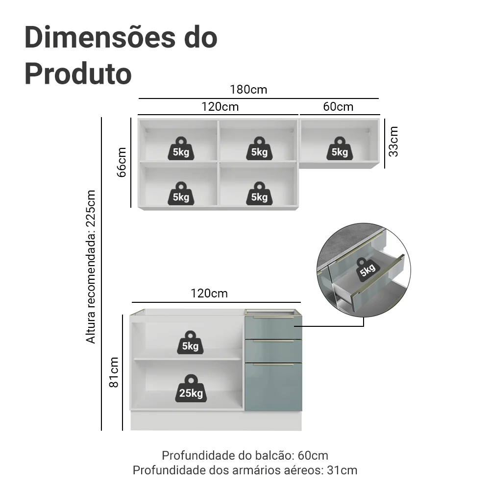 Armário de Cozinha Compacta 180 x 60 cm Branco/Cinza Lux Madesa 03 - Image 3