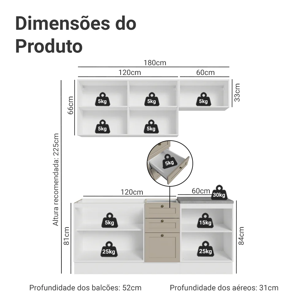 Armário de Cozinha Compacta 180 cm Branco/Crema Vik Madesa 01 - Image 3