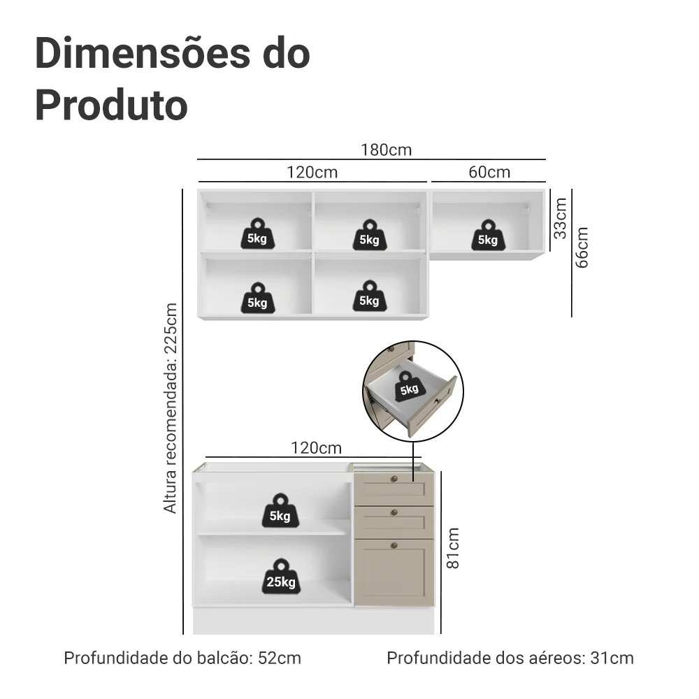 Armário de Cozinha Compacta 180 cm Branco/Crema Vik Madesa 02 - Image 3