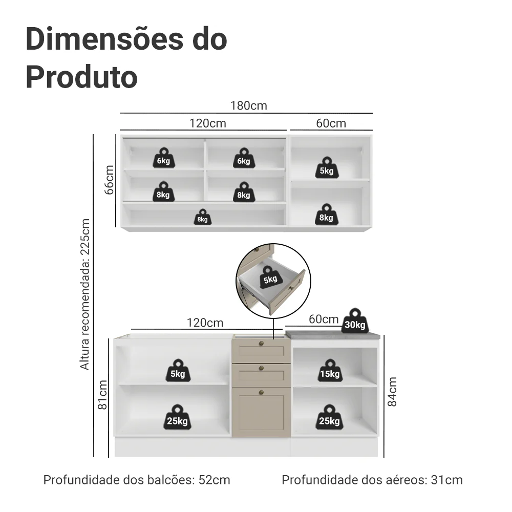 Armário de Cozinha Compacta 180 cm Branco/Crema Vik Madesa 04 - Image 3