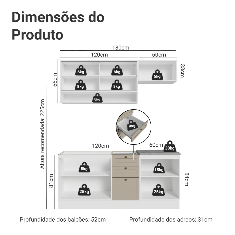 Armário de Cozinha Compacta 180 cm Branco/Crema Vik Madesa 05 - Image 3