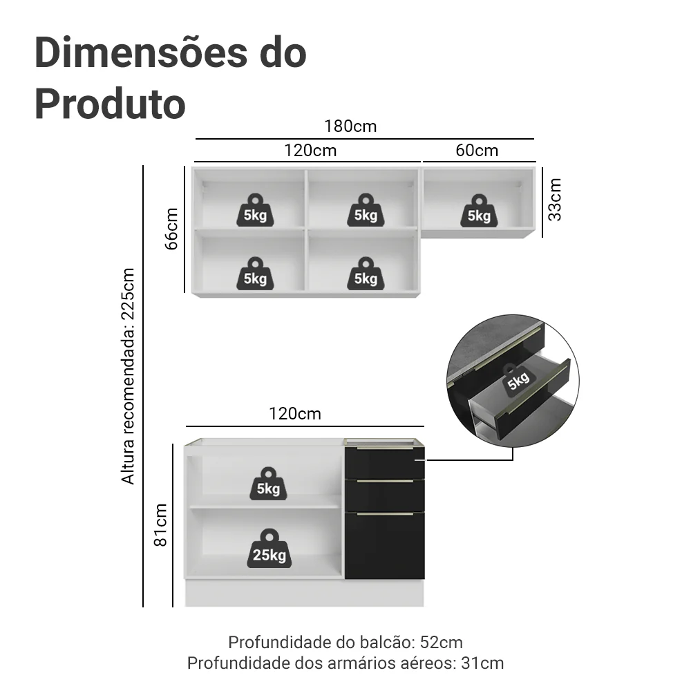 Armário de Cozinha Compacta 180 cm Branco/Preto Lux Madesa 02 - Image 3