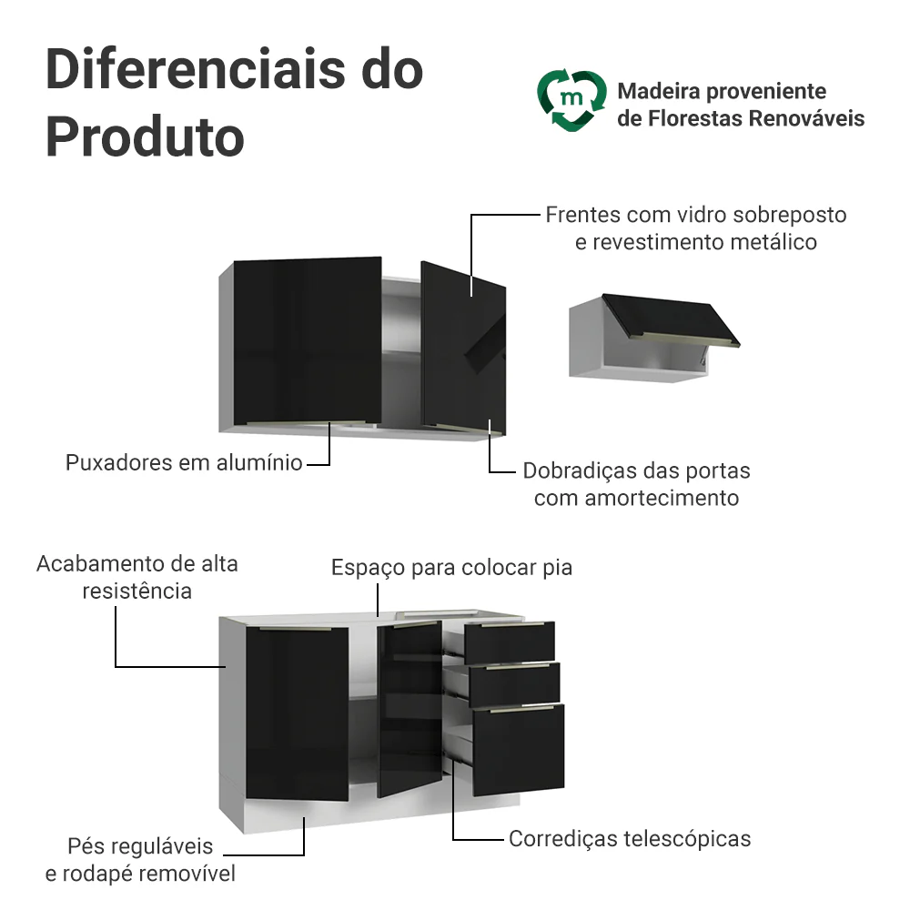 Armário de Cozinha Compacta 180 cm Branco/Preto Lux Madesa 02 - Image 4