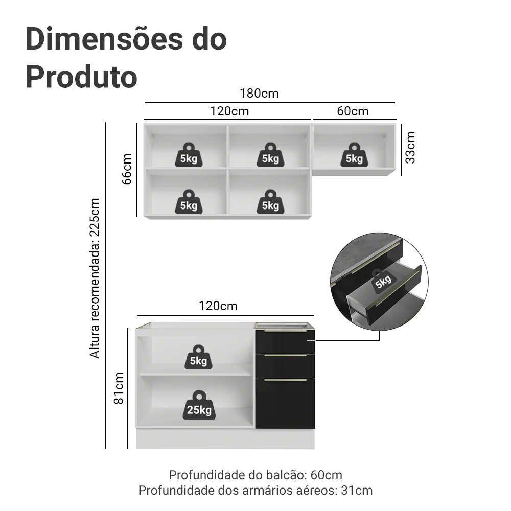 Armário de Cozinha Compacta 180 x 60 cm Branco/Preto Lux Madesa 03 - Image 3