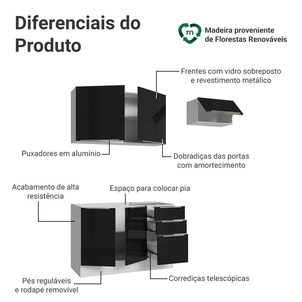 Armário de Cozinha Compacta 180 x 60 cm Branco/Preto Lux Madesa 03 - Image 4