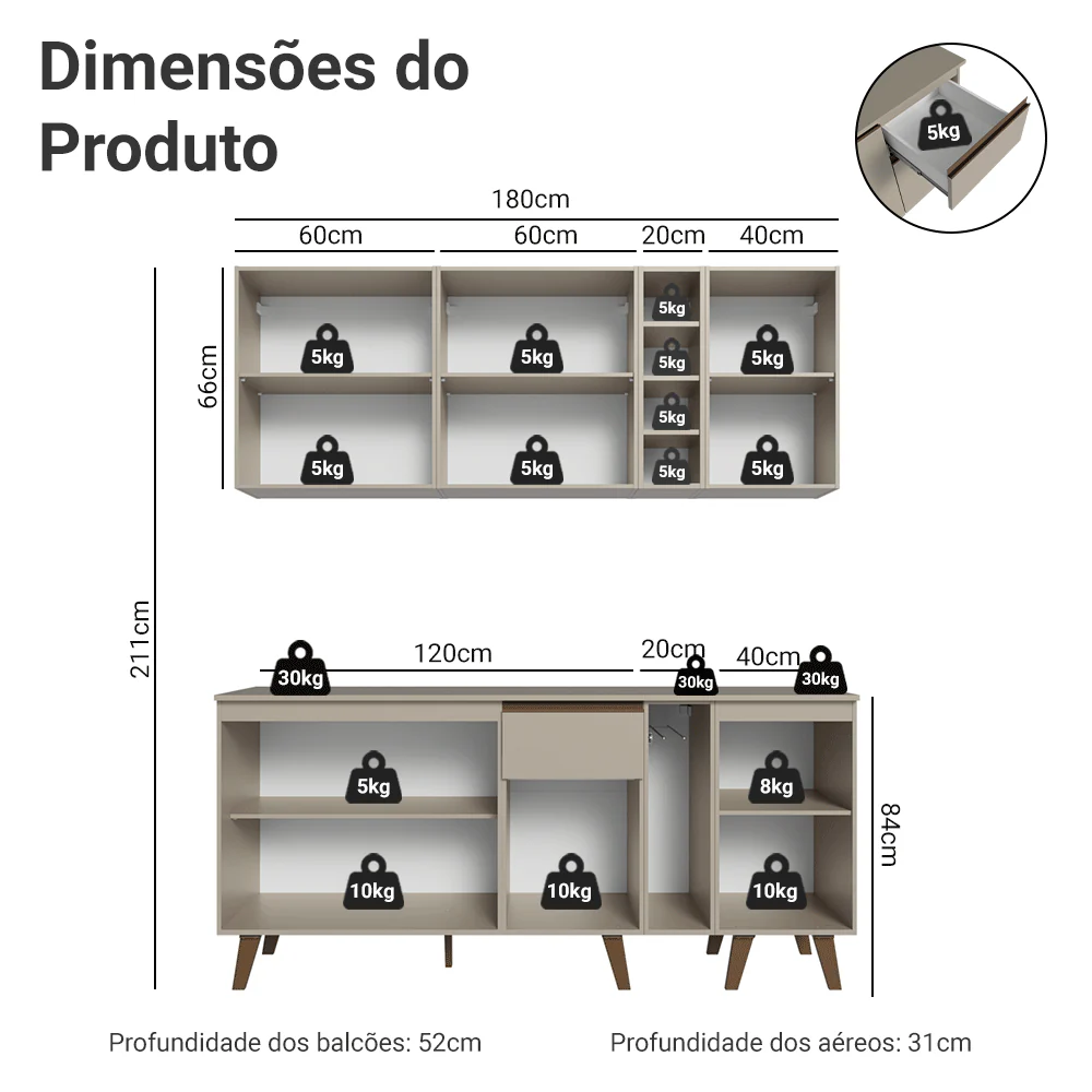 Armário de Cozinha Compacta 180 cm Crema Nice Madesa 01 - Image 3