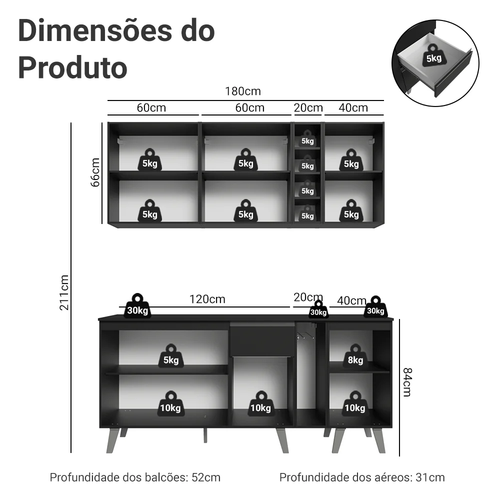 Armário de Cozinha Compacta 180 cm Preto Nice Madesa 01 - Image 3