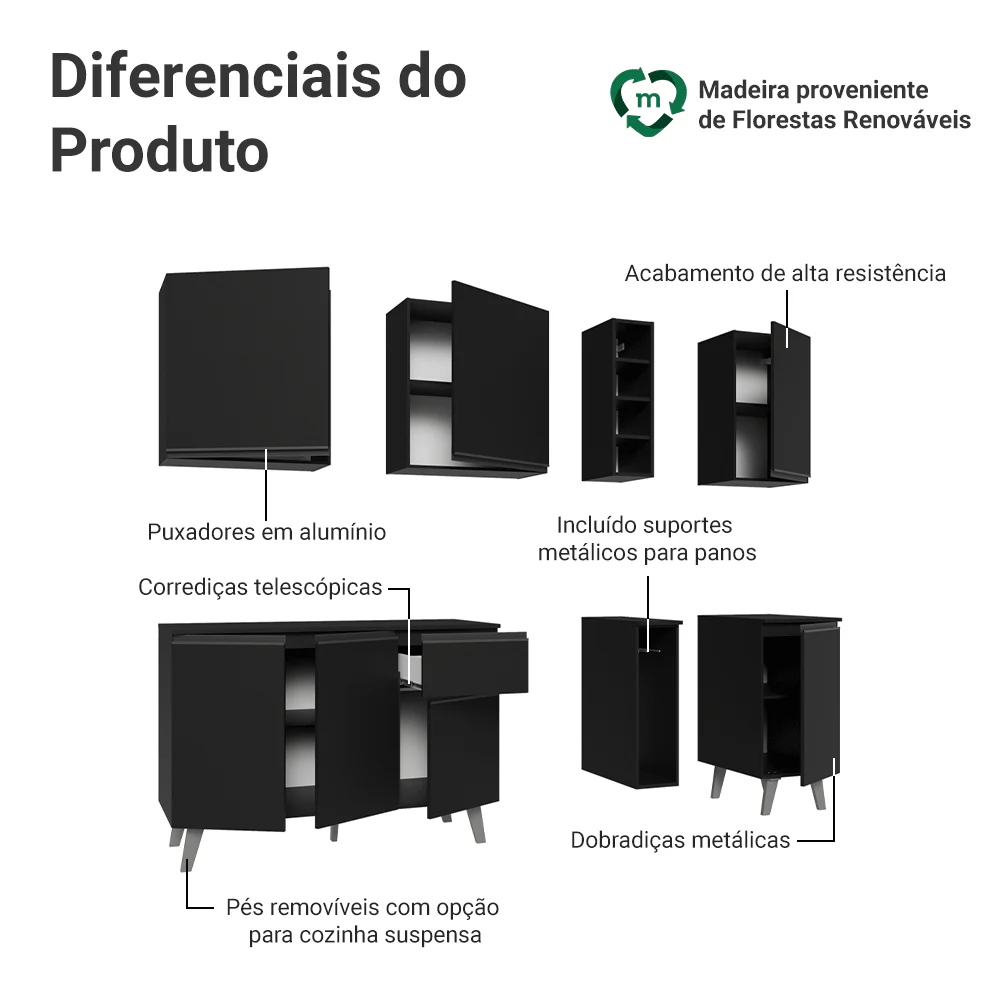 Armário de Cozinha Compacta 180 cm Preto Nice Madesa 01 - Image 4