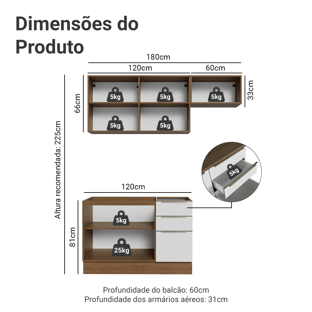 Armário de Cozinha Compacta 180 x 60 cm Rustic/Branco Veludo Lux Madesa 03 - Image 3