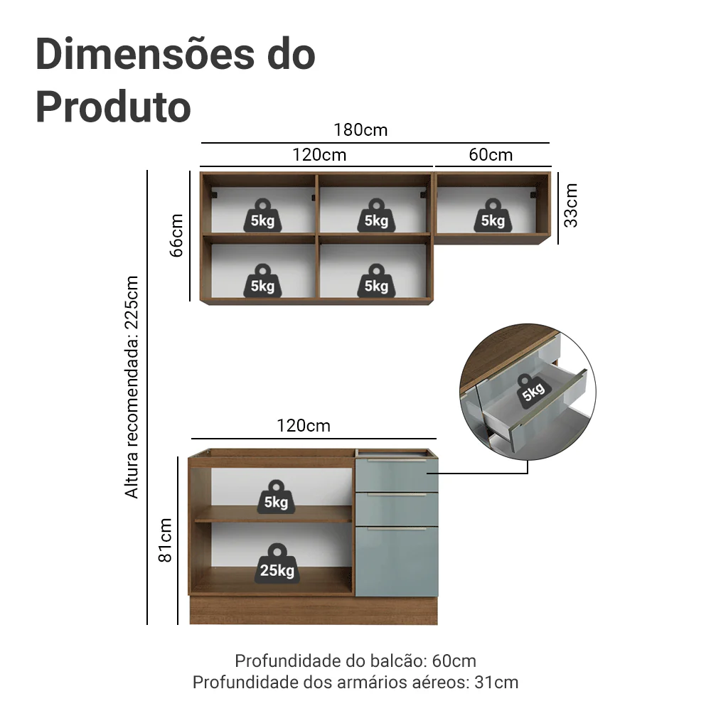 Armário de Cozinha Compacta 180 x 60 cm Rustic/Cinza Lux Madesa 03 - Image 3