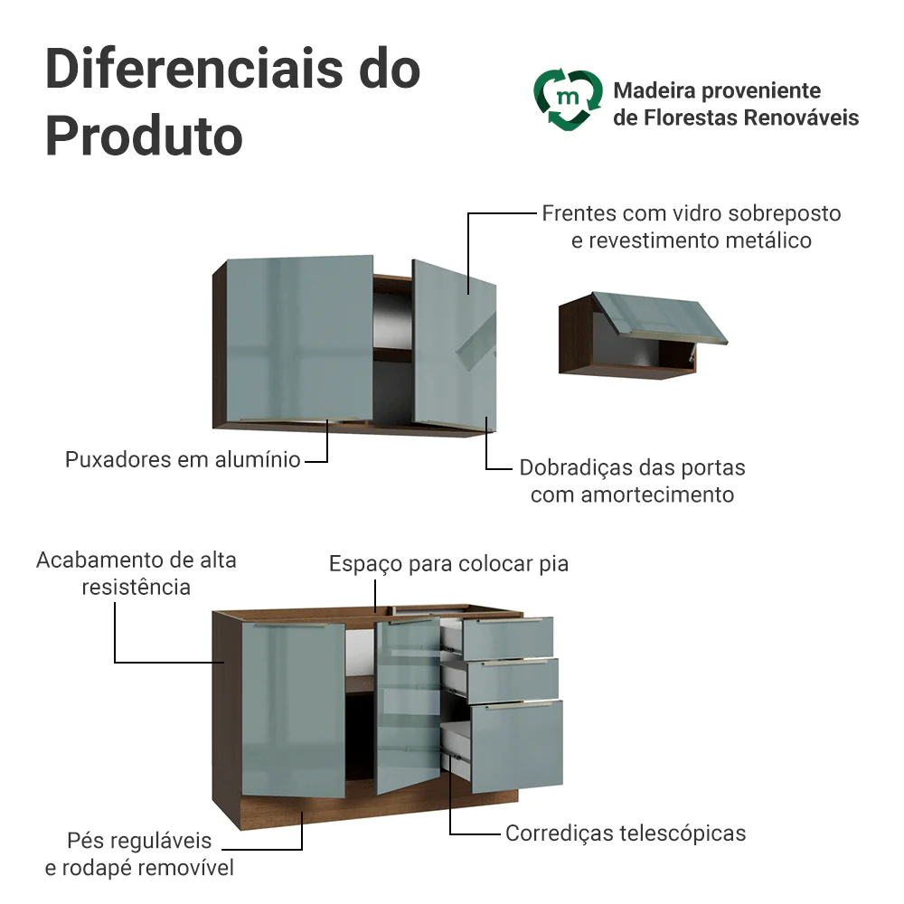 Armário de Cozinha Compacta 180 x 60 cm Rustic/Cinza Lux Madesa 03 - Image 4
