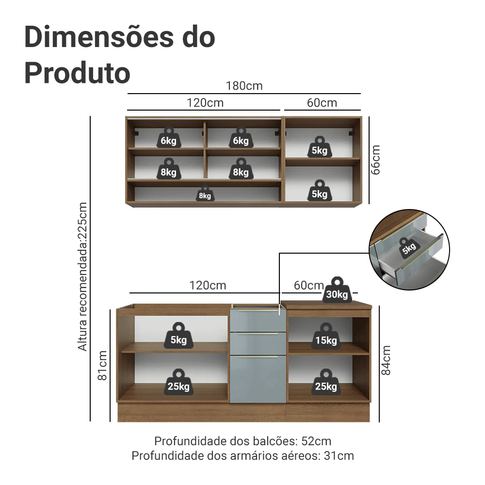 Armário de Cozinha Compacta 180 cm Rustic/Cinza Lux Madesa 04 - Image 3