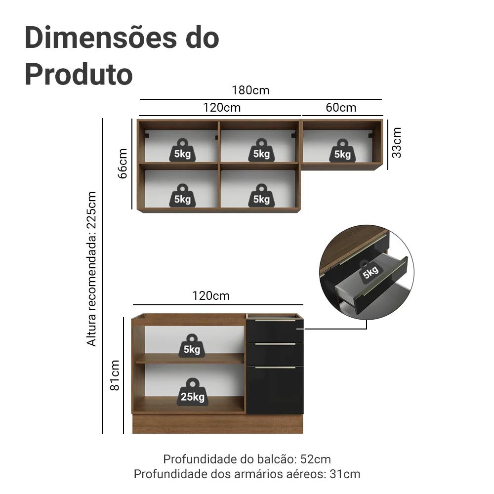 Armário de Cozinha Compacta 180 cm Rustic/Preto Lux Madesa 02 - Image 3