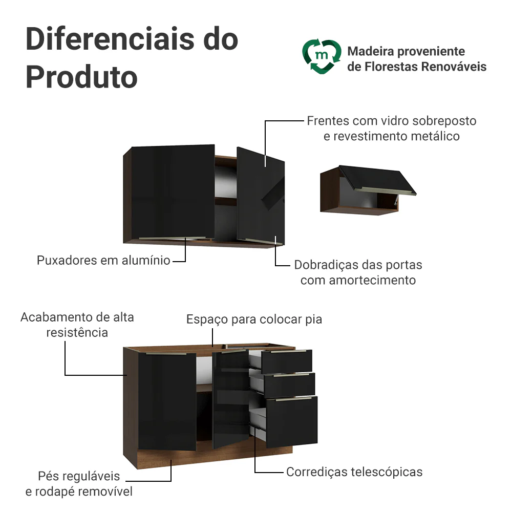 Armário de Cozinha Compacta 180 cm Rustic/Preto Lux Madesa 02 - Image 4