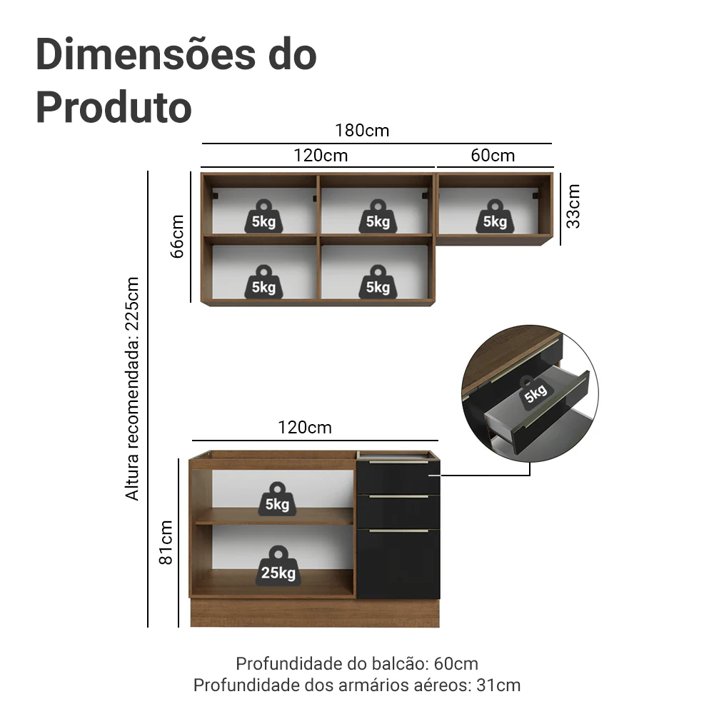 Armário de Cozinha Compacta 180 x 60 cm Rustic/Preto Lux Madesa 03 - Image 3