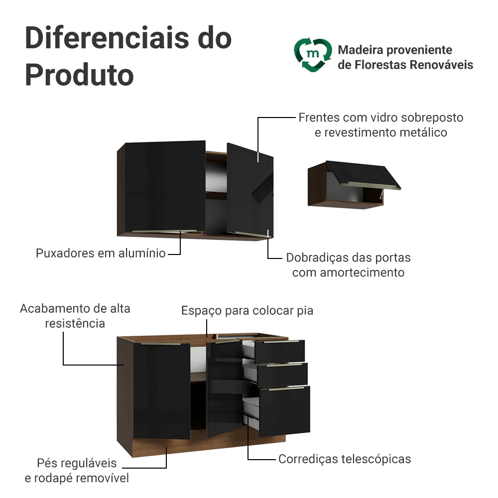 Armário de Cozinha Compacta 180 x 60 cm Rustic/Preto Lux Madesa 03 - Image 4