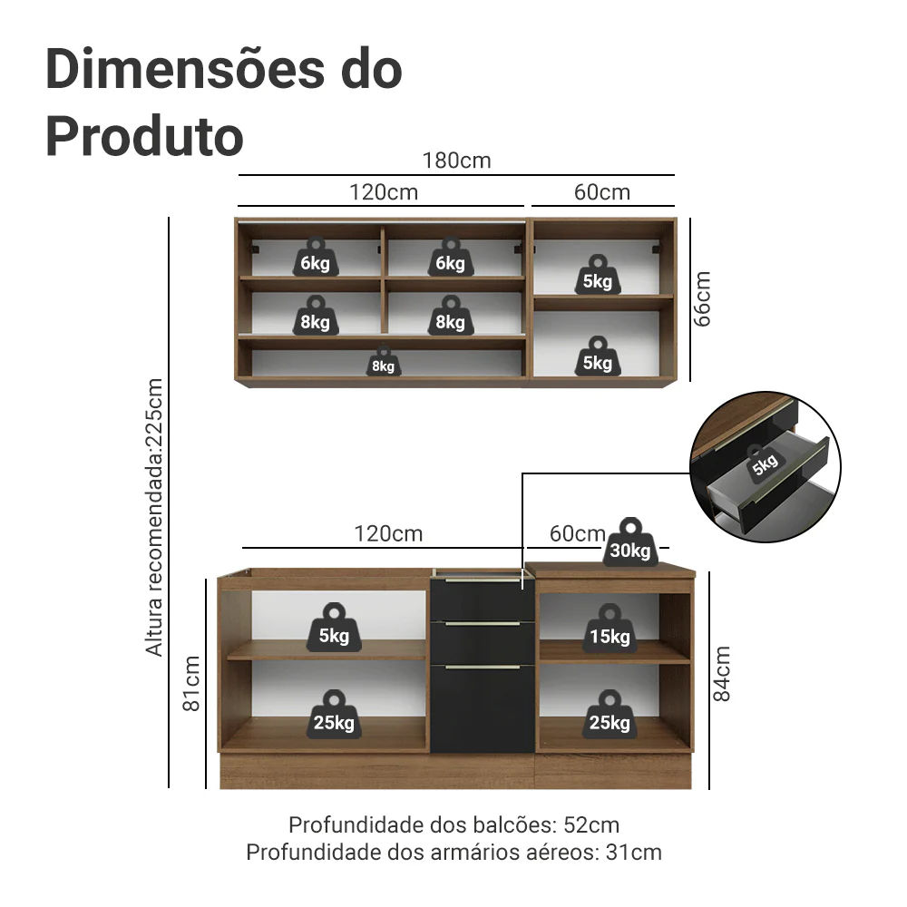 Armário de Cozinha Compacta 180 cm Rustic/Preto Lux Madesa 04 - Image 3