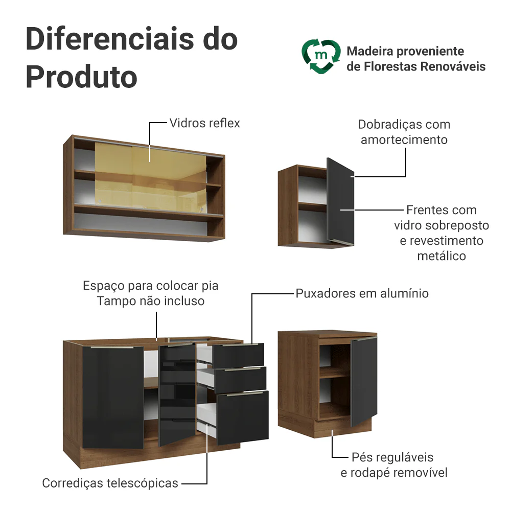 Armário de Cozinha Compacta 180 cm Rustic/Preto Lux Madesa 04 - Image 4