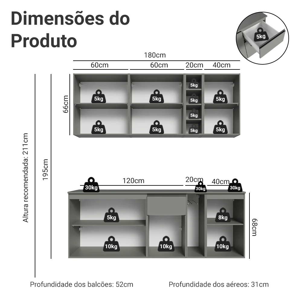 Armário de Cozinha Compacta 180 cm Suspenso Cinza Nice Madesa 04 - Image 3