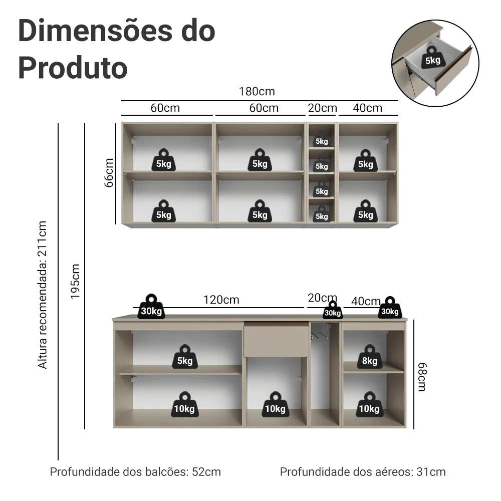 Armário de Cozinha Compacta 180 cm Suspenso Crema Nice Madesa 04 - Image 3