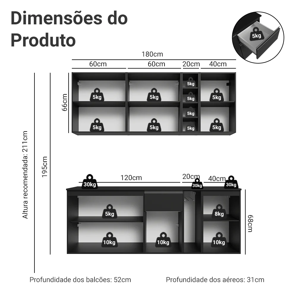 Armário de Cozinha Compacta 180 cm Suspenso Preto Nice Madesa 04 - Image 3