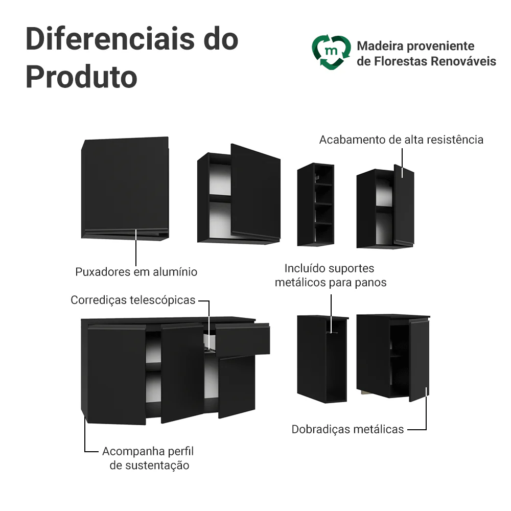 Armário de Cozinha Compacta 180 cm Suspenso Preto Nice Madesa 04 - Image 4