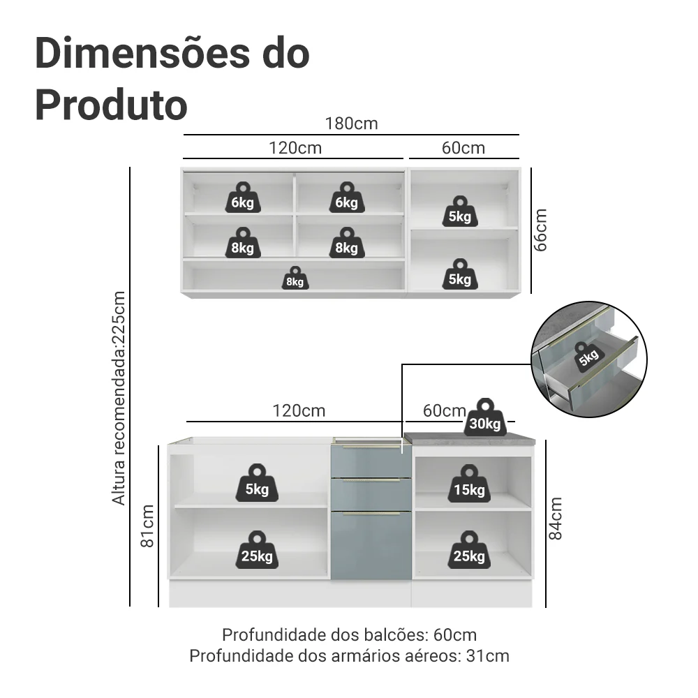 Armário de Cozinha Compacta 180 x 60 cm Branco/Cinza Lux Madesa 05 - Image 3