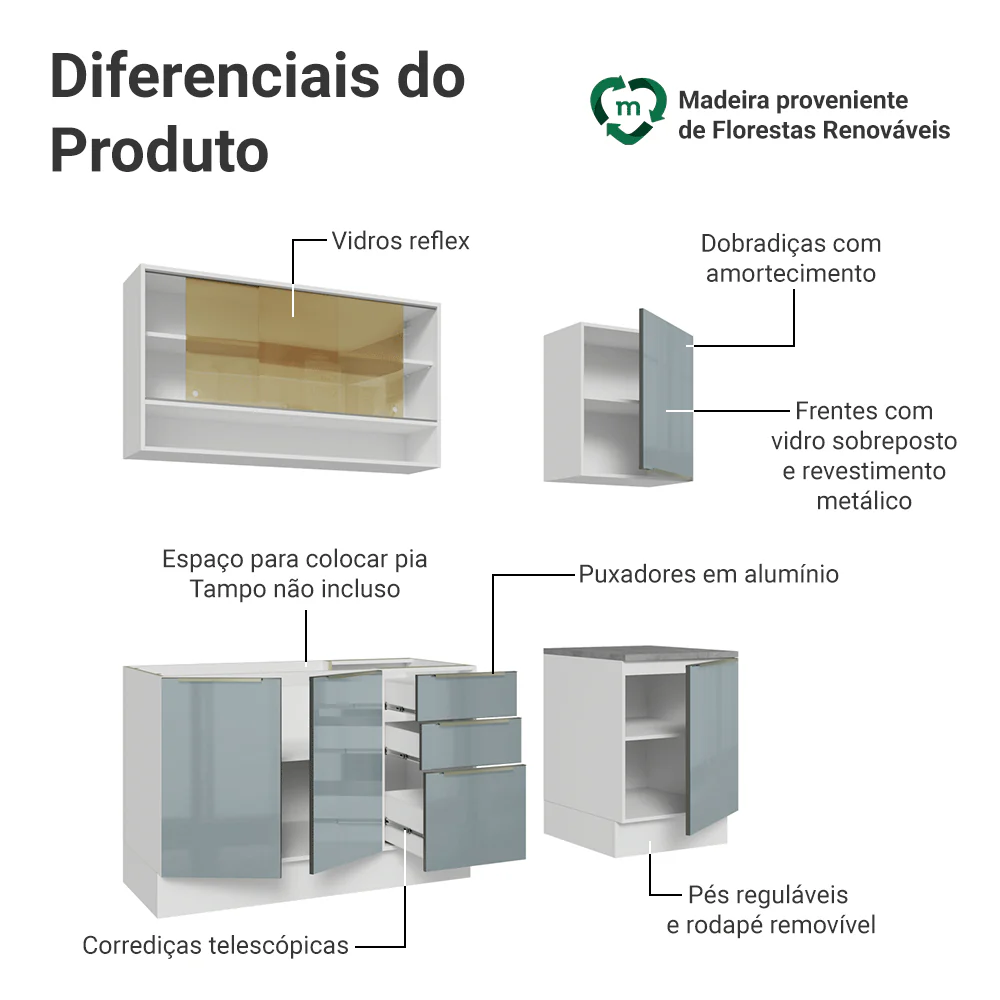 Armário de Cozinha Compacta 180 x 60 cm Branco/Cinza Lux Madesa 05 - Image 4