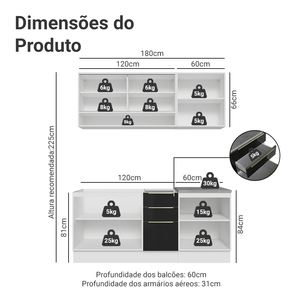 Armário de Cozinha Compacta 180 x 60 cm Branco/Preto Lux Madesa 05 - Image 3