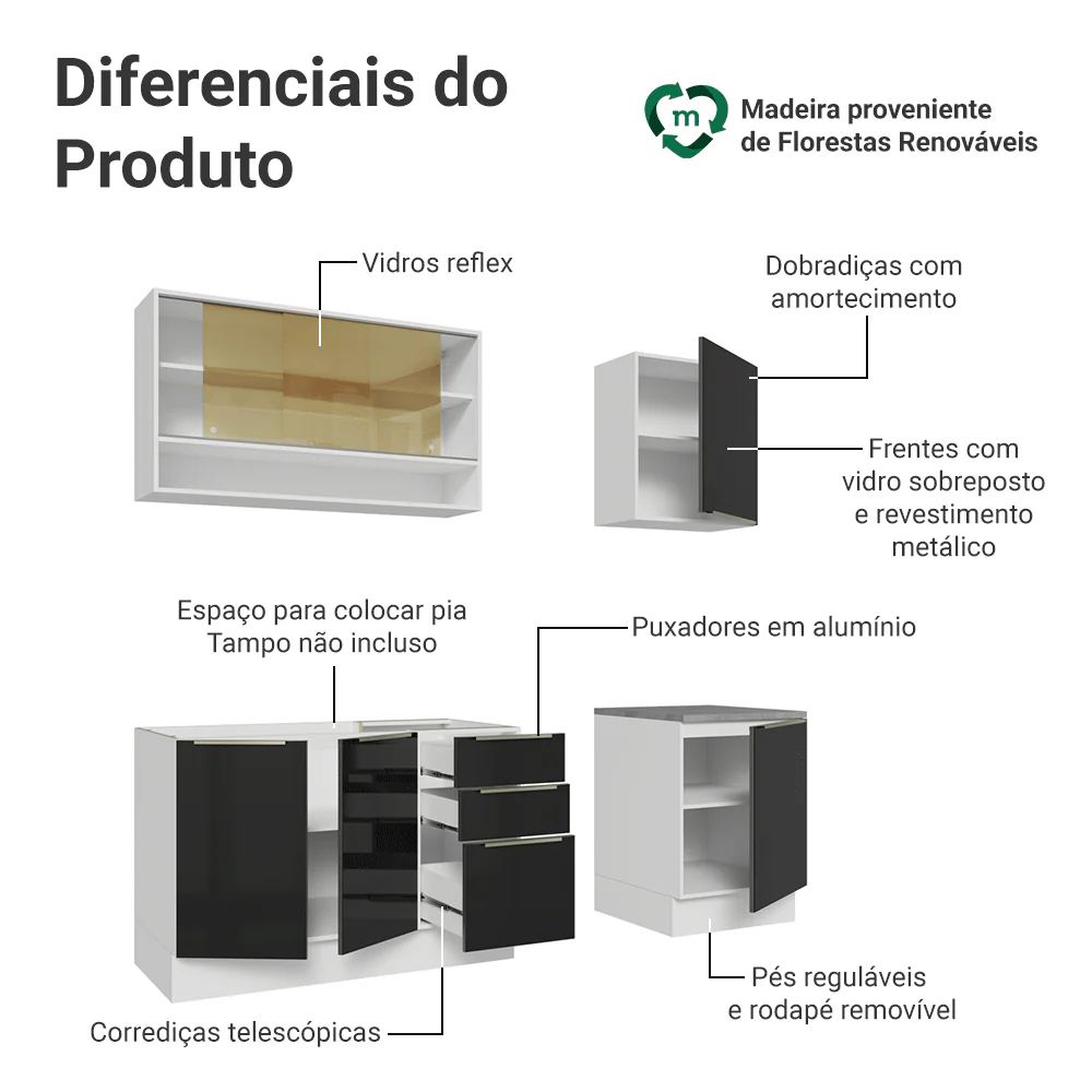 Armário de Cozinha Compacta 180 x 60 cm Branco/Preto Lux Madesa 05 - Image 4