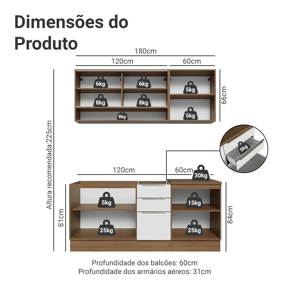 Armário de Cozinha Compacta 180 x 60 cm Rustic/Branco Veludo Lux Madesa 05 - Image 3