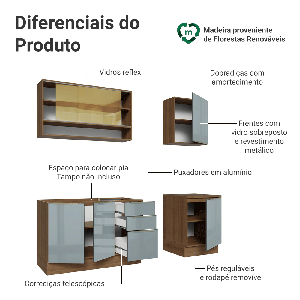 Armário de Cozinha Compacta 180 x 60 cm Rustic/Cinza Lux Madesa 05 - Image 4