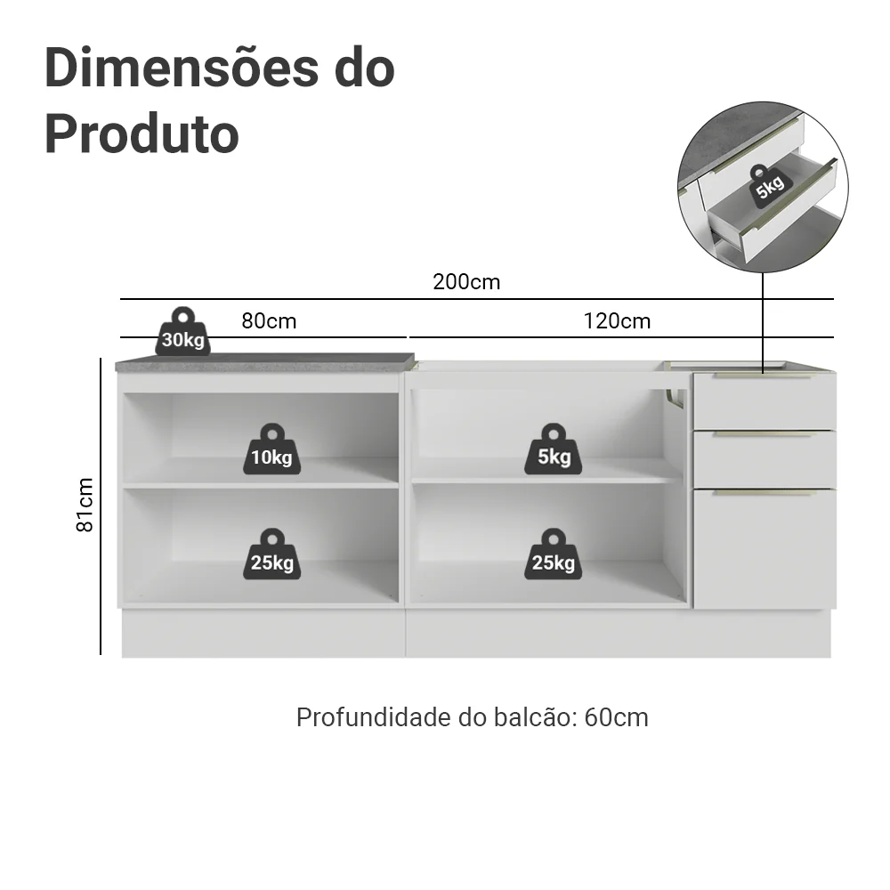 Armário de Cozinha Compacta 200 x 60 cm Branco/Branco Veludo Lux Madesa 06 - Image 3