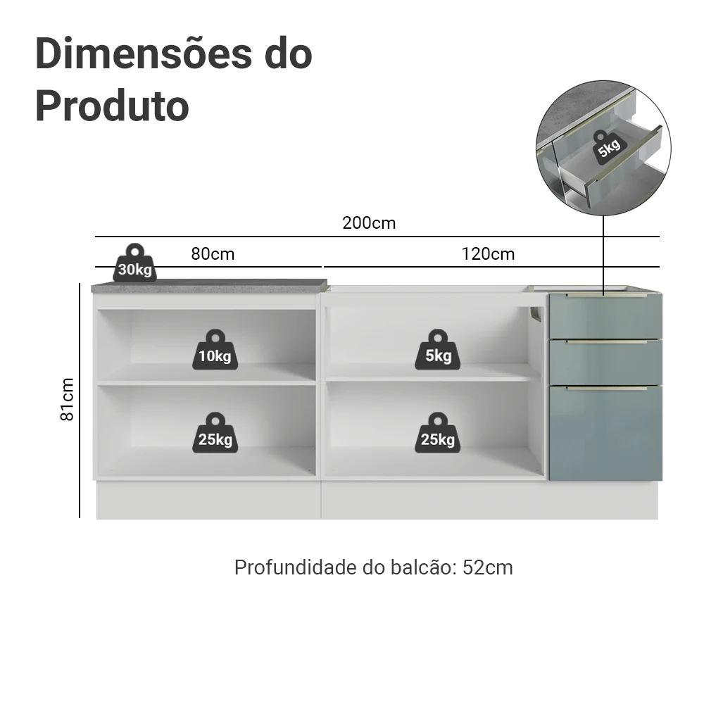Armário de Cozinha Compacta 200 cm Branco/Cinza Lux Madesa 05 - Image 3