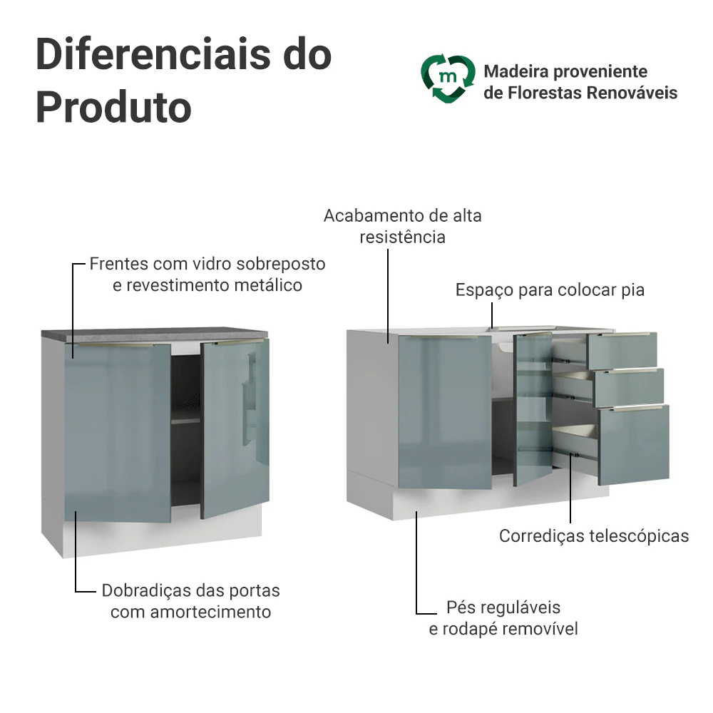 Armário de Cozinha Compacta 200 cm Branco/Cinza Lux Madesa 05 - Image 4