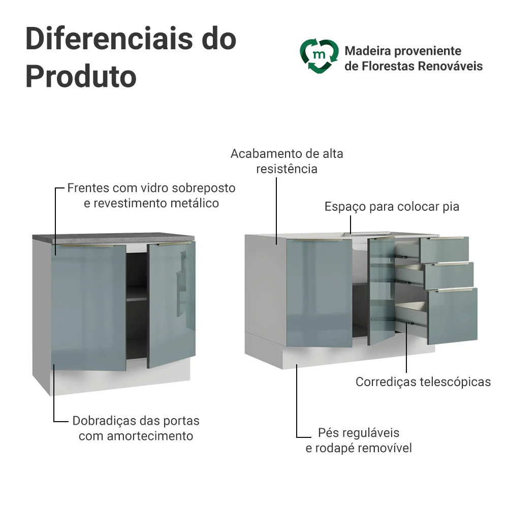 Armário de Cozinha Compacta 200 x 60 cm Branco/Cinza Lux Madesa 06 - Image 4